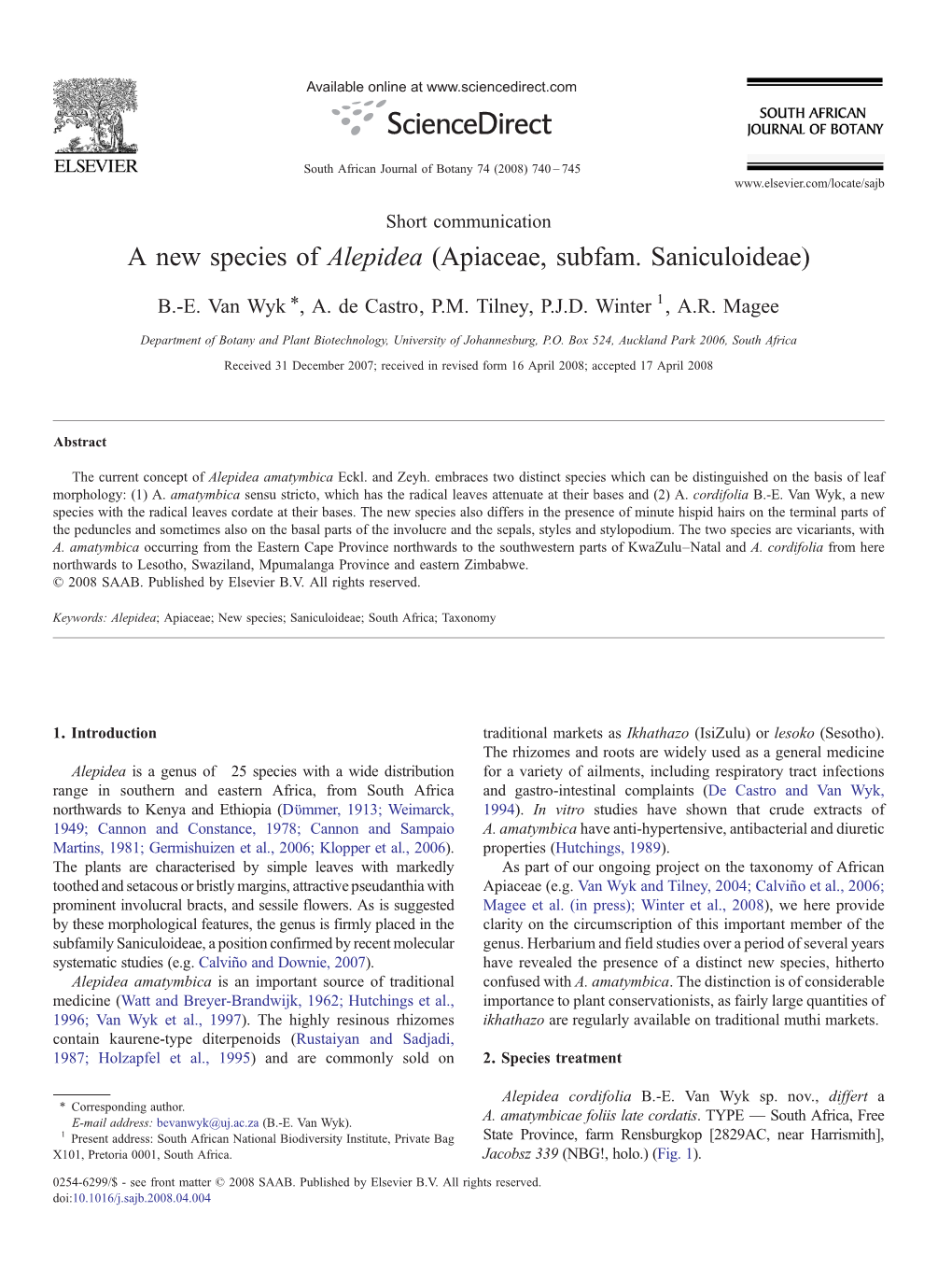 A New Species of Alepidea (Apiaceae, Subfam. Saniculoideae) ⁎ B.-E