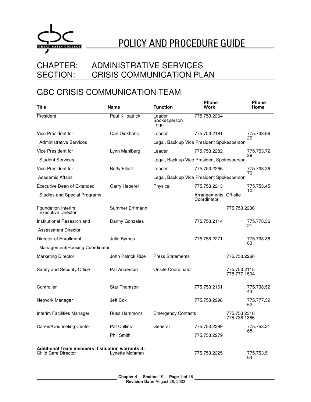 Great Basin College Crisis Communication Plan