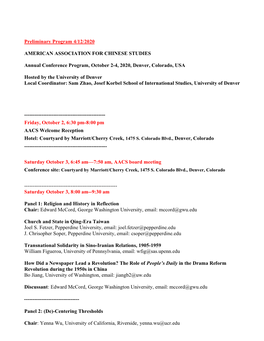 Preliminary Program 4/12/2020 AMERICAN ASSOCIATION for CHINESE STUDIES Annual Conference Program, October 2-4, 2020, Denver