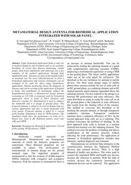 Metamaterial Design Antenna for Biomedical Application Integrated with Solar Panel