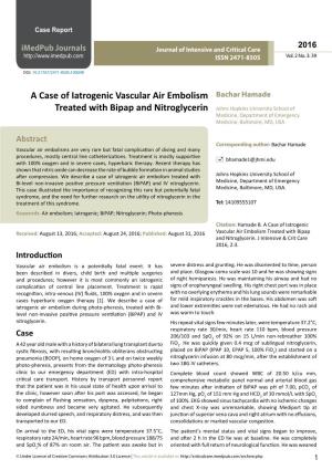 A Case of Iatrogenic Vascular Air Embolism Treated with Bipap And
