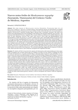 Nuevos Restos Fósiles De Mendozasaurus Neguyelap (Sauropoda, Titanosauria) Del Cretácico Tardío De Mendoza, Argentina