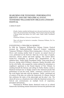 Performative Identity and the Theatrical Event. Tennessee Williams/New Orleans Literary Festival