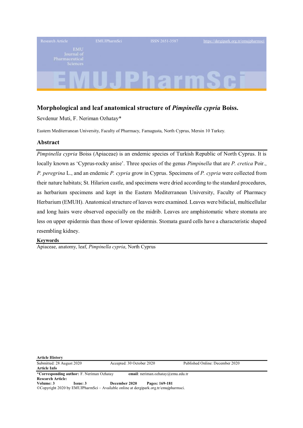 Morphological and Leaf Anatomical Structure of Pimpinella Cypria Boiss. Sevdenur Muti, F