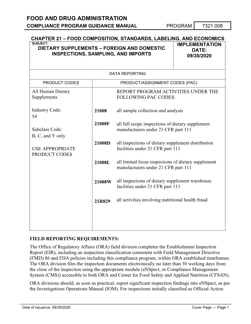 CP 7321.008, Dietary Supplements – Foreign and Domestic Inspections