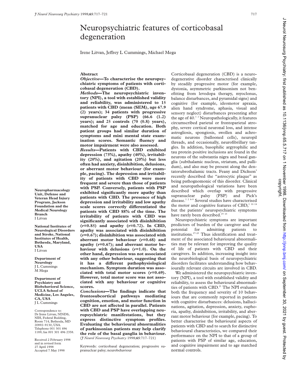 Neuropsychiatric Features of Corticobasal Degeneration