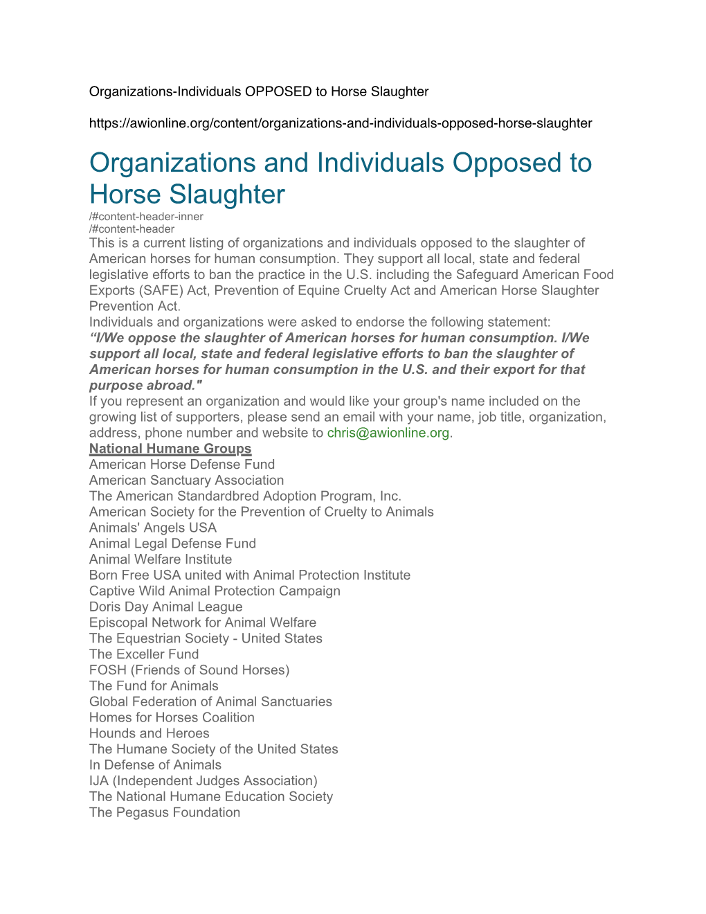 Organizations/Individuals Opposed to Horse Slaughter