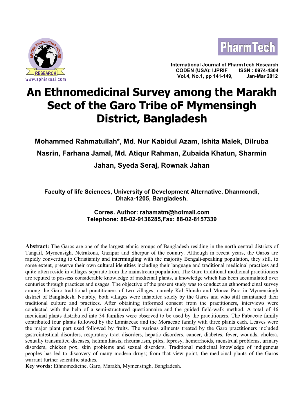 An Ethnomedicinal Survey Among the Marakh Sect of the Garo Tribe of Mymensingh District, Bangladesh