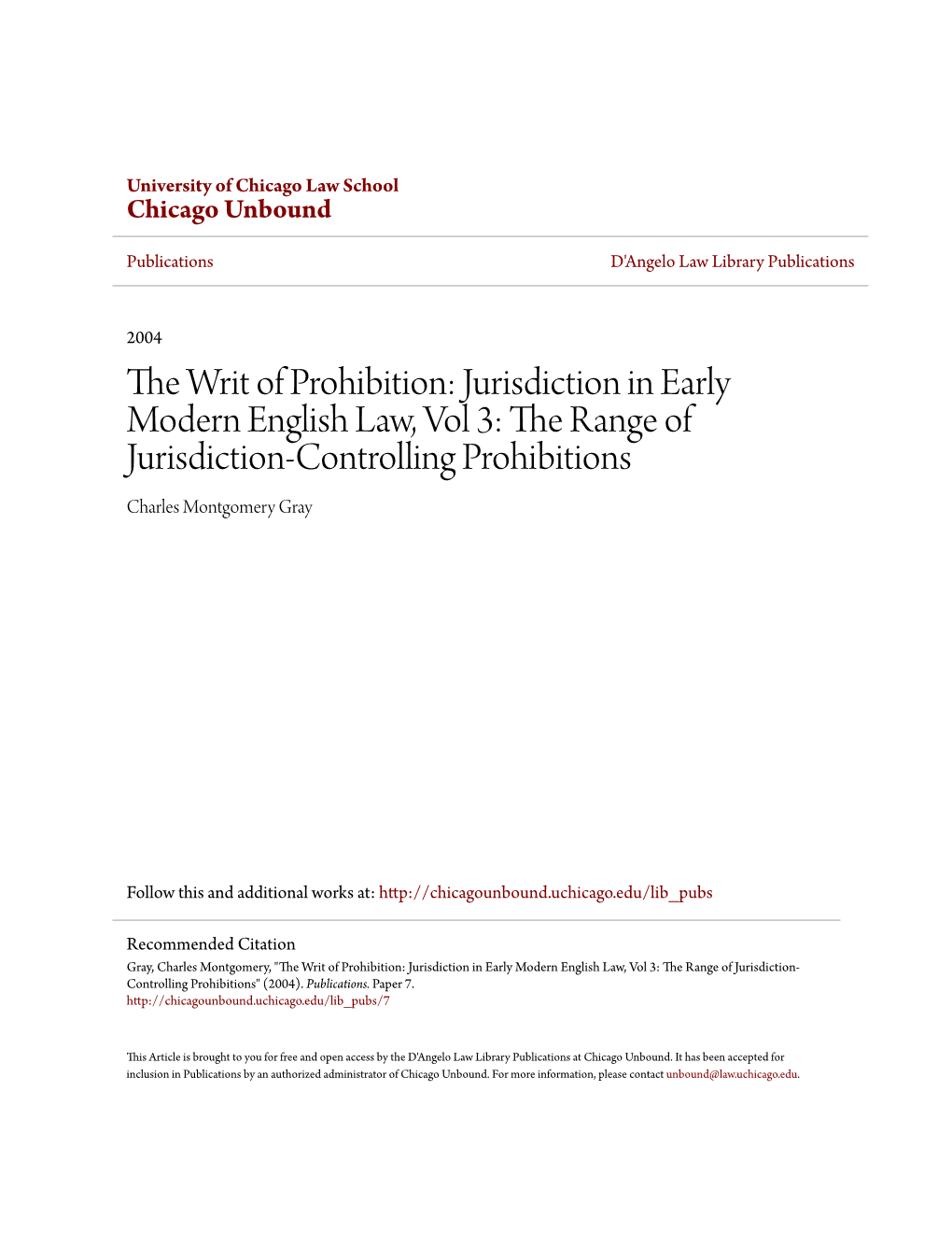 The Range of Jurisdiction-Controlling Prohibitions Charles Montgomery Gray