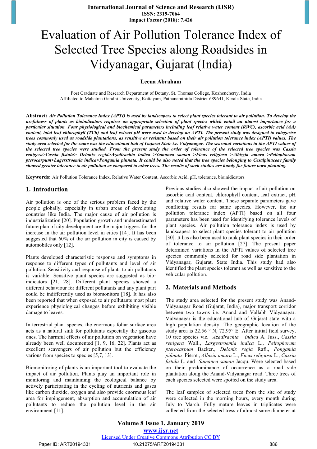 Evaluation of Air Pollution Tolerance Index of Selected Tree Species Along Roadsides in Vidyanagar, Gujarat (India)