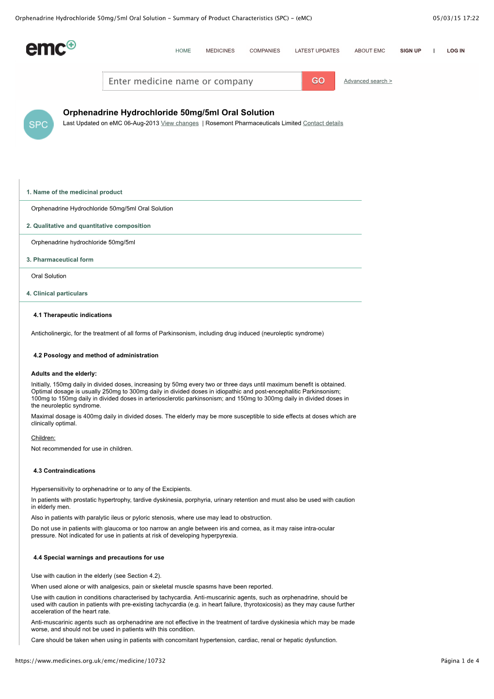 Orphenadrine Hydrochloride 50Mg/5Ml Oral Solution - Summary of Product Characteristics (SPC) - (Emc) 05/03/15 17:22