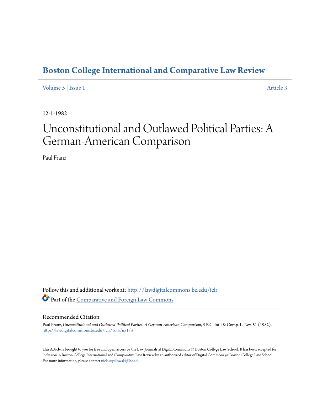 Unconstitutional and Outlawed Political Parties: a German-American Comparison Paul Franz