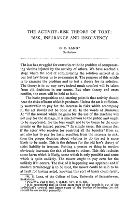 The Activity-Risk Theory of Tort : Risk, Insurance and Insolvency