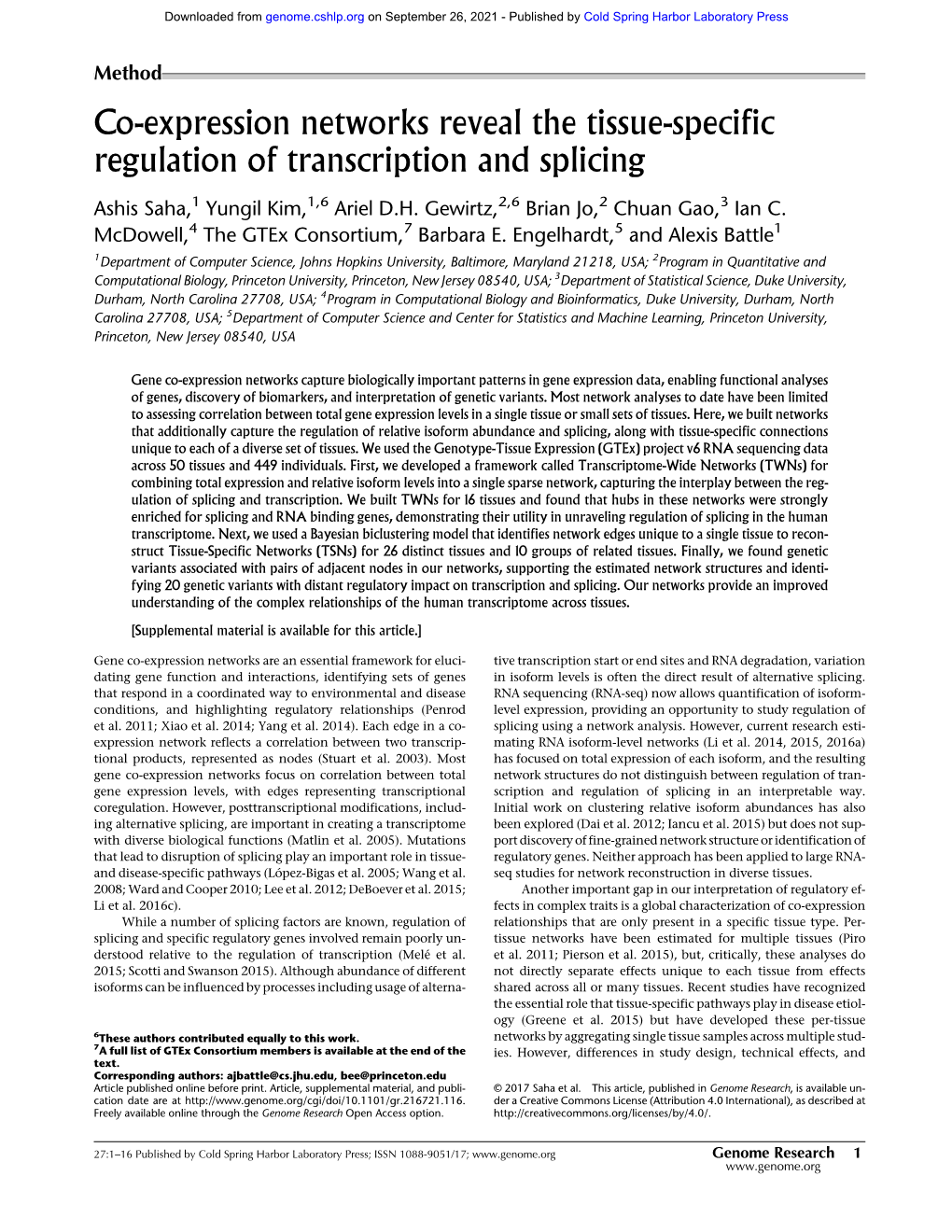 Co-Expression Networks Reveal the Tissue-Specific Regulation of Transcription and Splicing