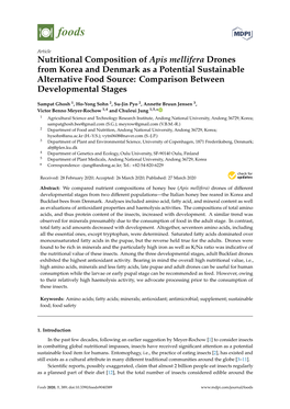 Nutritional Composition of Apis Mellifera Drones from Korea and Denmark As a Potential Sustainable Alternative Food Source: Comparison Between Developmental Stages