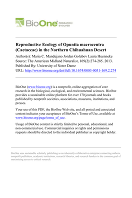 Reproductive Ecology of Opuntia Macrocentra (Cactaceae) in the Northern Chihuahuan Desert Author(S): Maria C