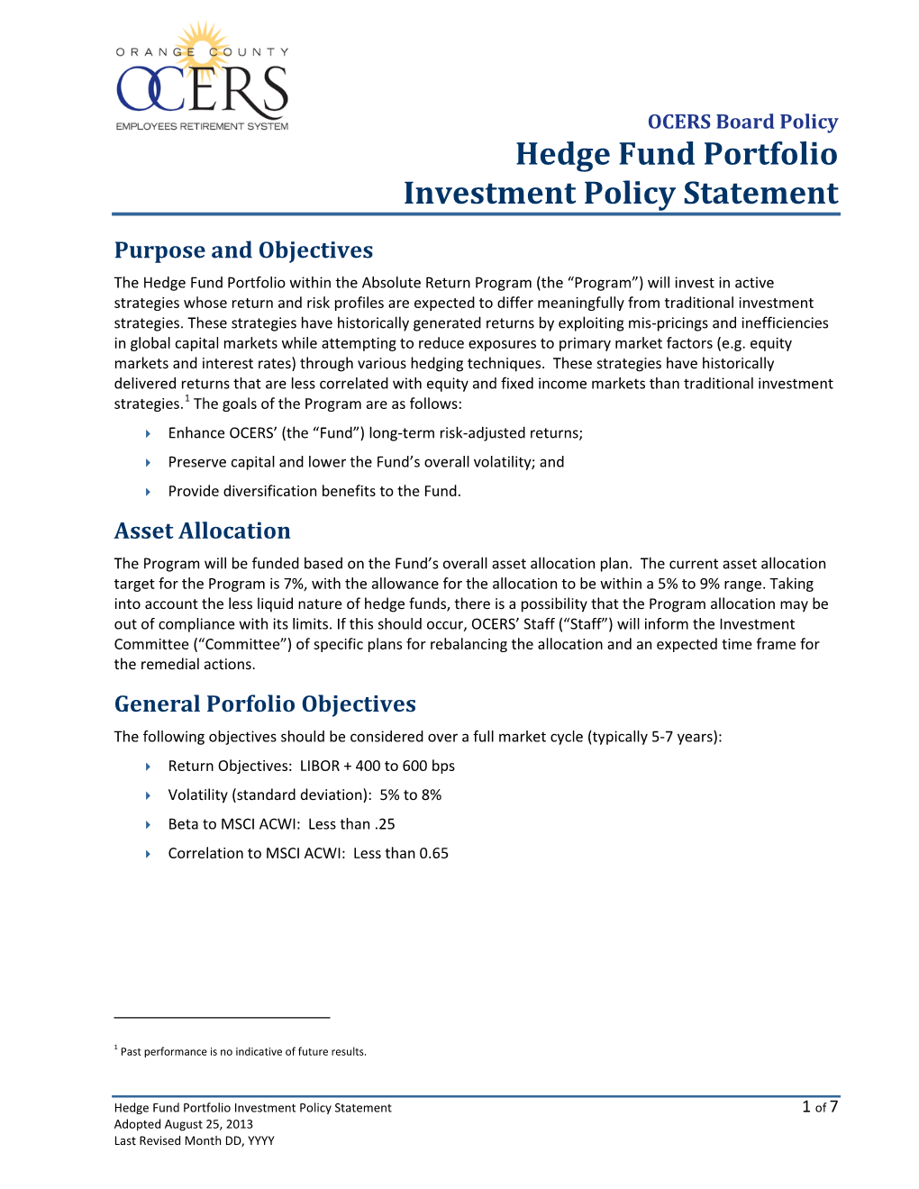 Hedge Fund Portfolio Investment Policy Statement