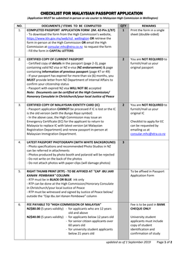 CHECKLIST for MALAYSIAN PASSPORT APPLICATION (Application MUST Be Submitted In-Person Or Via Courier to Malaysian High Commission in Wellington)