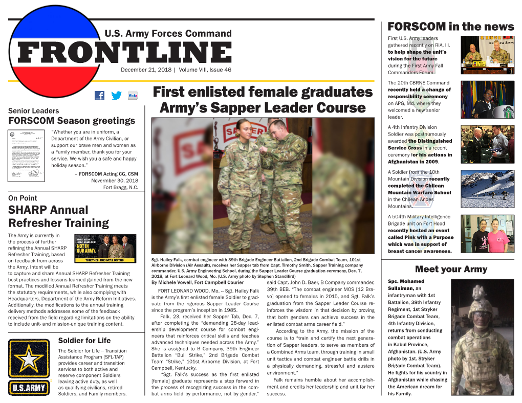 FRONTLINE During the First Army Fall December 21, 2018 | Volume VIII, Issue 46 Commanders Forum