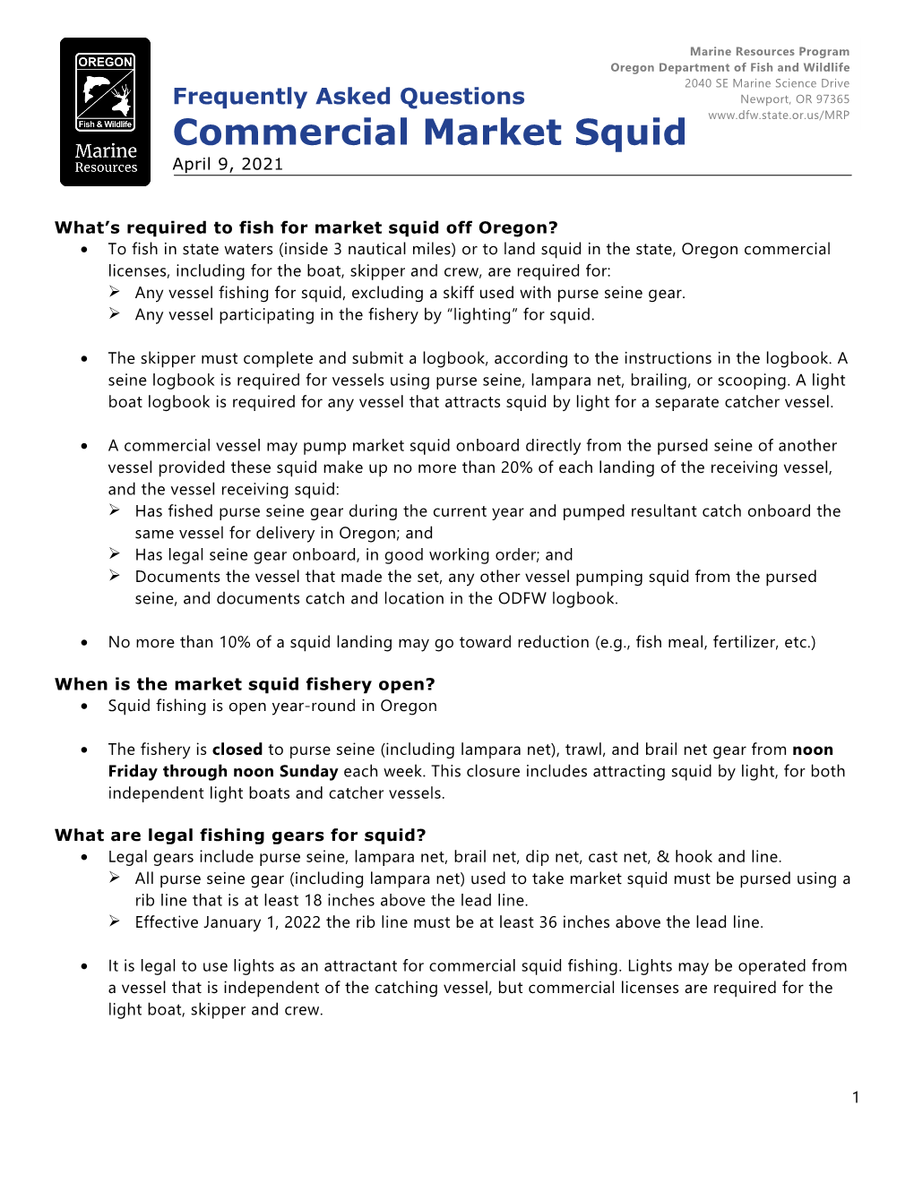 Commercial Market Squid April 9, 2021