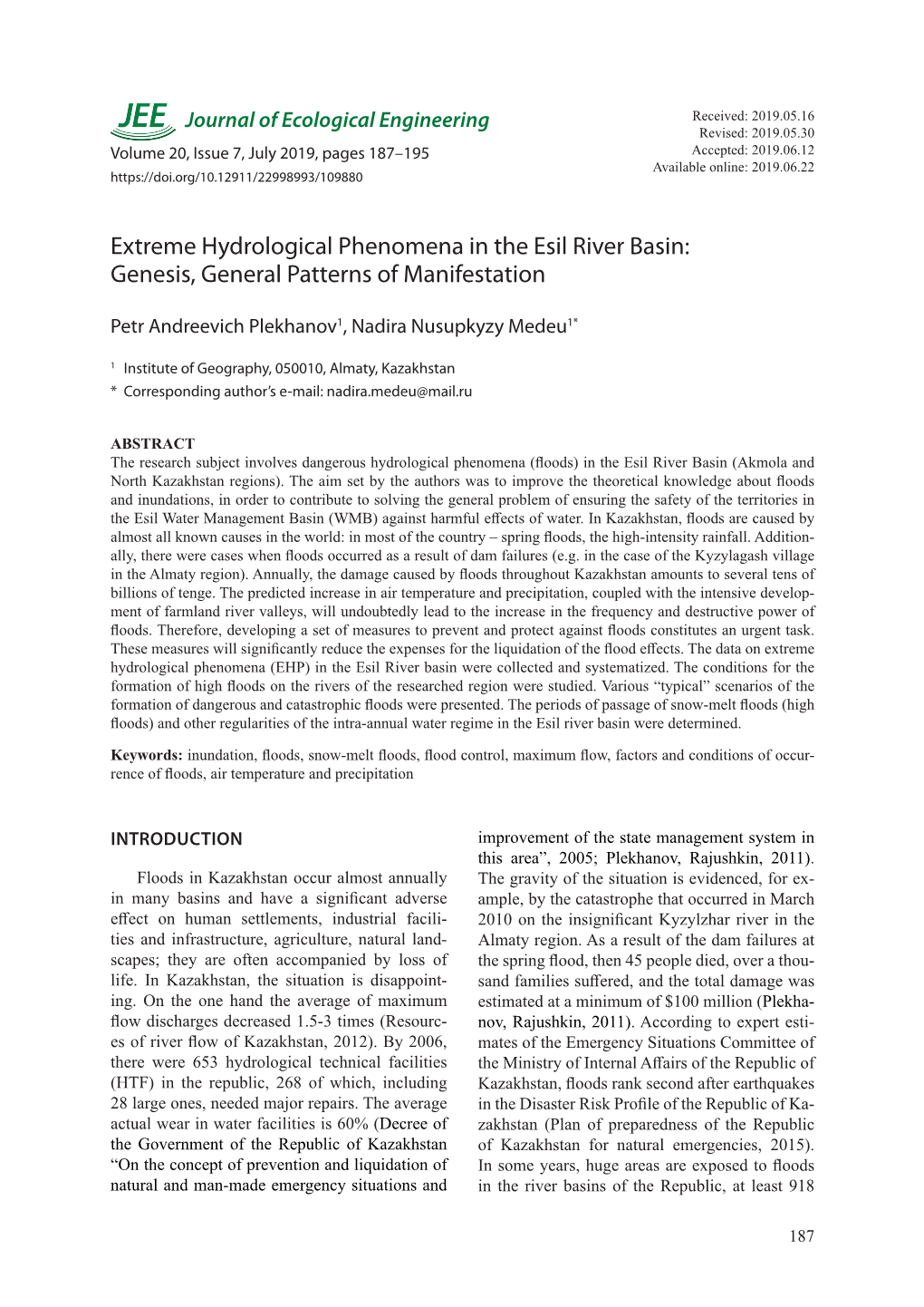 Extreme Hydrological Phenomena in the Esil River Basin: Genesis, General Patterns of Manifestation