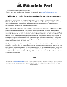 William Perry Pendley out As Director of the Bureau of Land Management