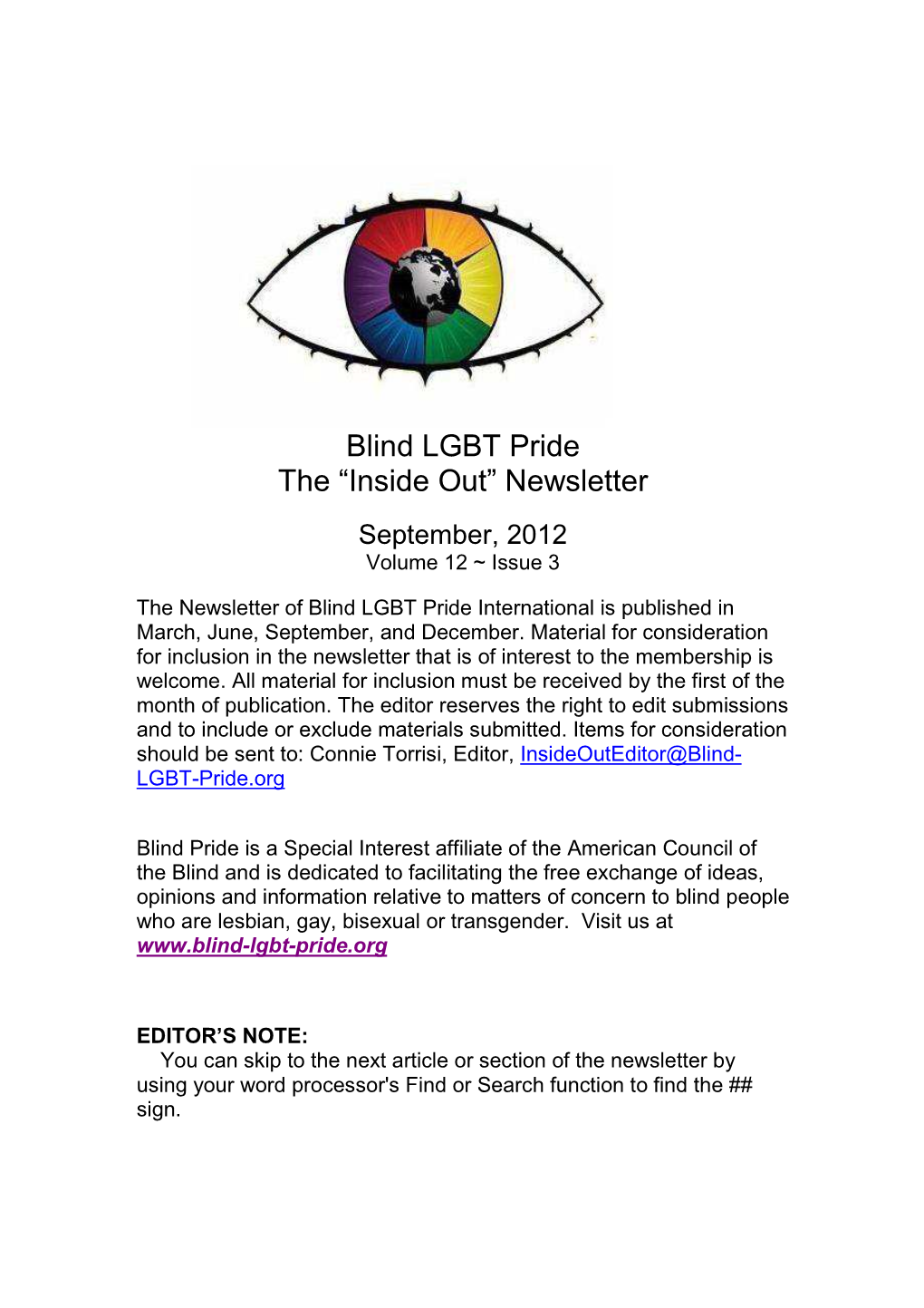 Blind LGBT Pride the “Inside Out” Newsletter