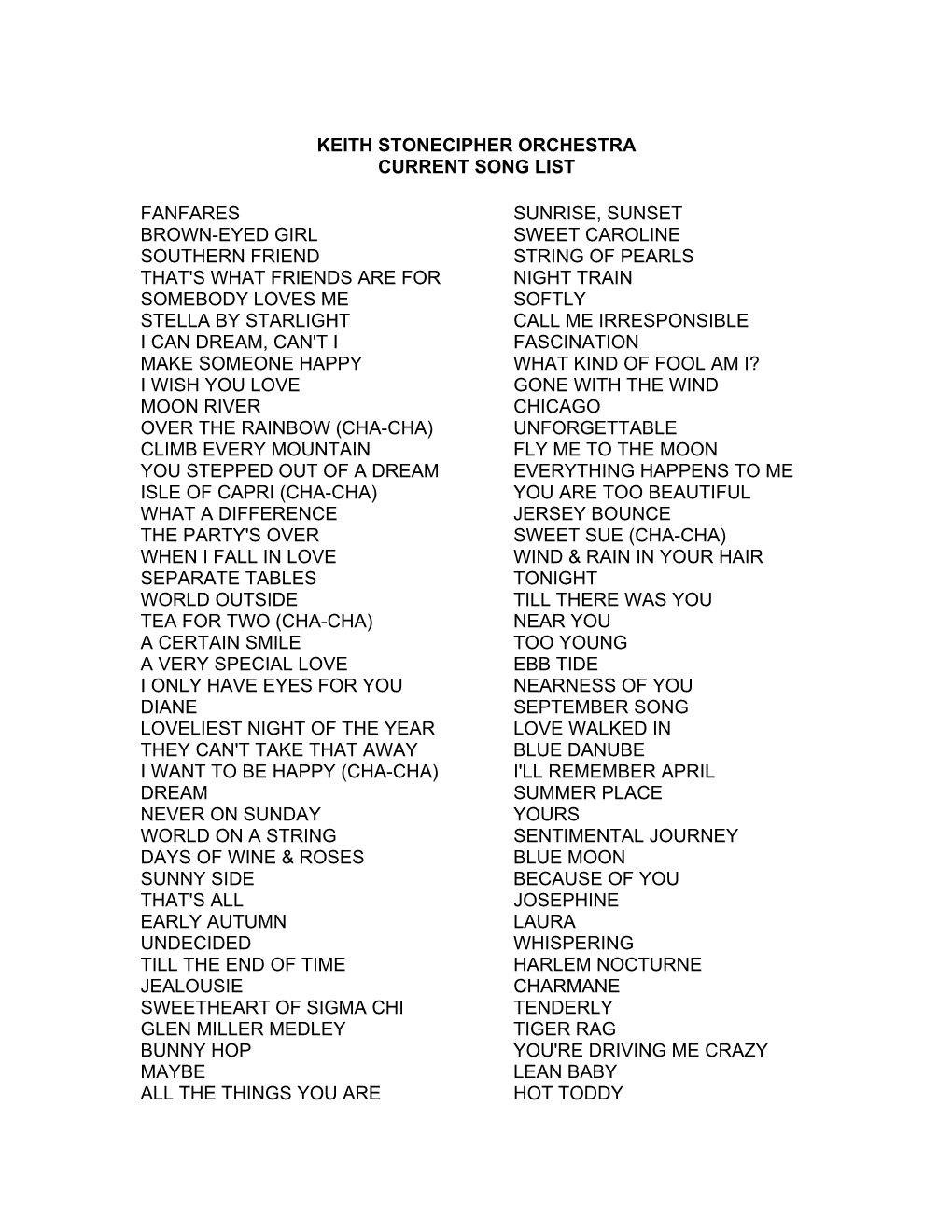 Keith Stoneceipher Song List