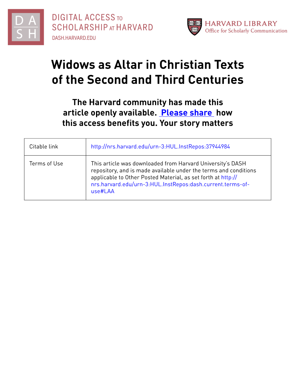 Widows As Altar in Christian Texts of the Second and Third Centuries