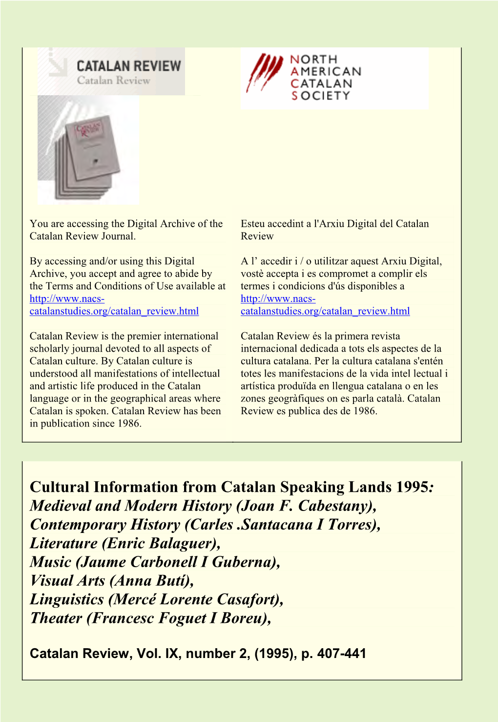 Cultural Information from Catalan Speaking Lands 1995: Medieval and Modern History (Joan F