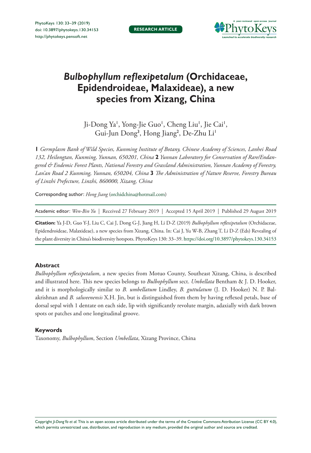 Bulbophyllum Reflexipetalum (Orchidaceae, Epidendroideae, Malaxideae), a New Species from Xizang, China