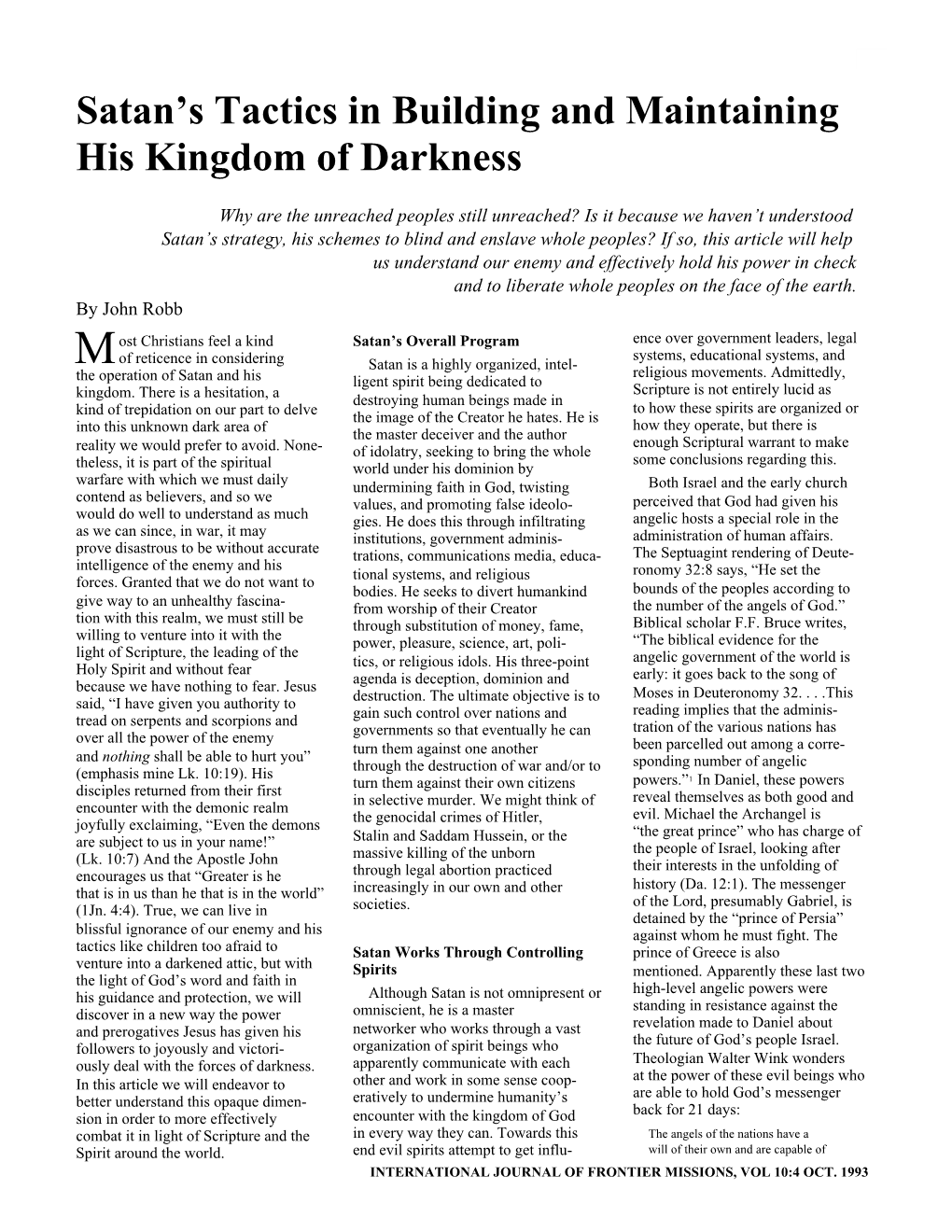 Satan's Tactics in Building and Maintaining His Kingdom of Darkness