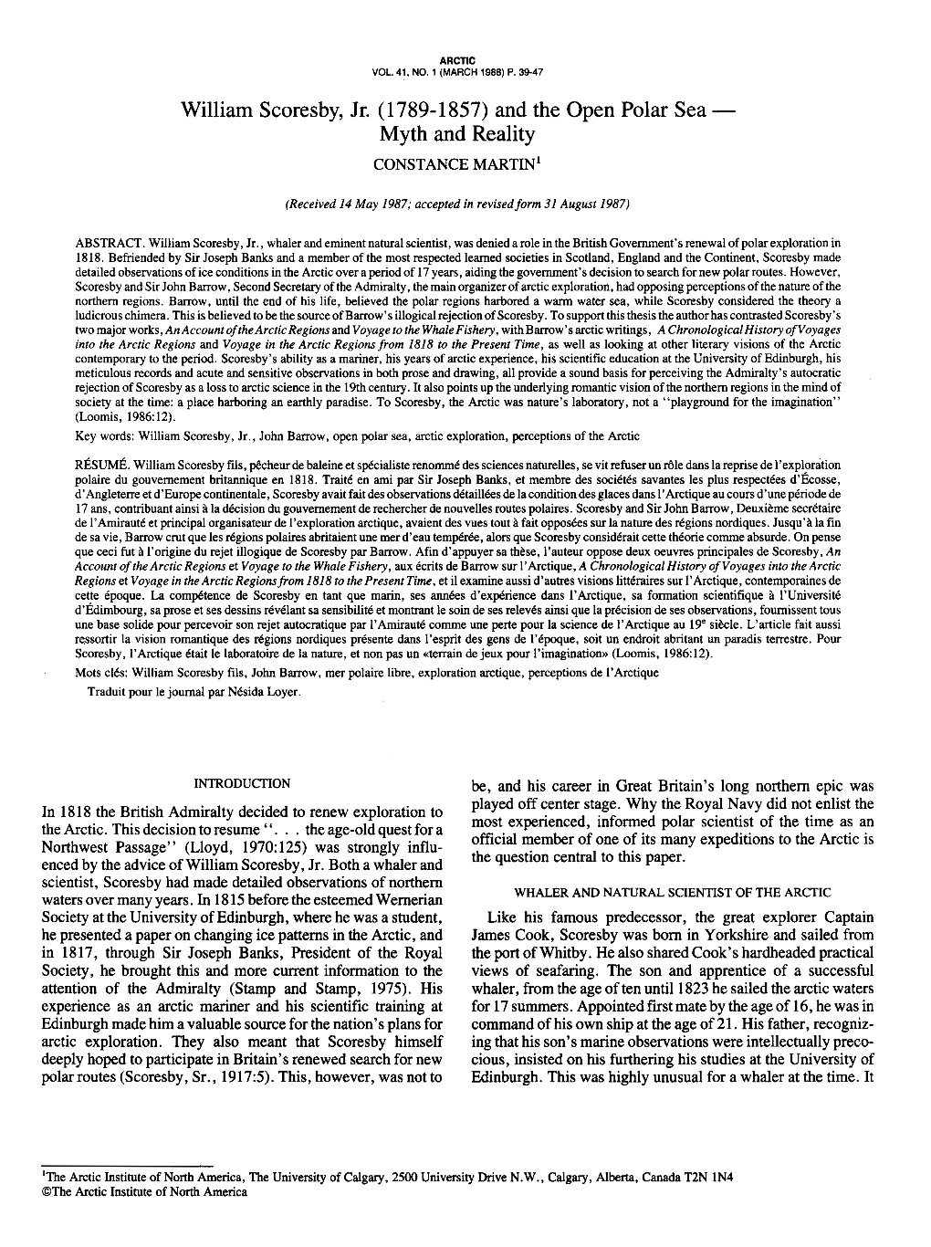 William Scoresby, Jr. (1789-1857) and the Open Polar Sea - Myth and Reality CONSTANCE MARTIN’