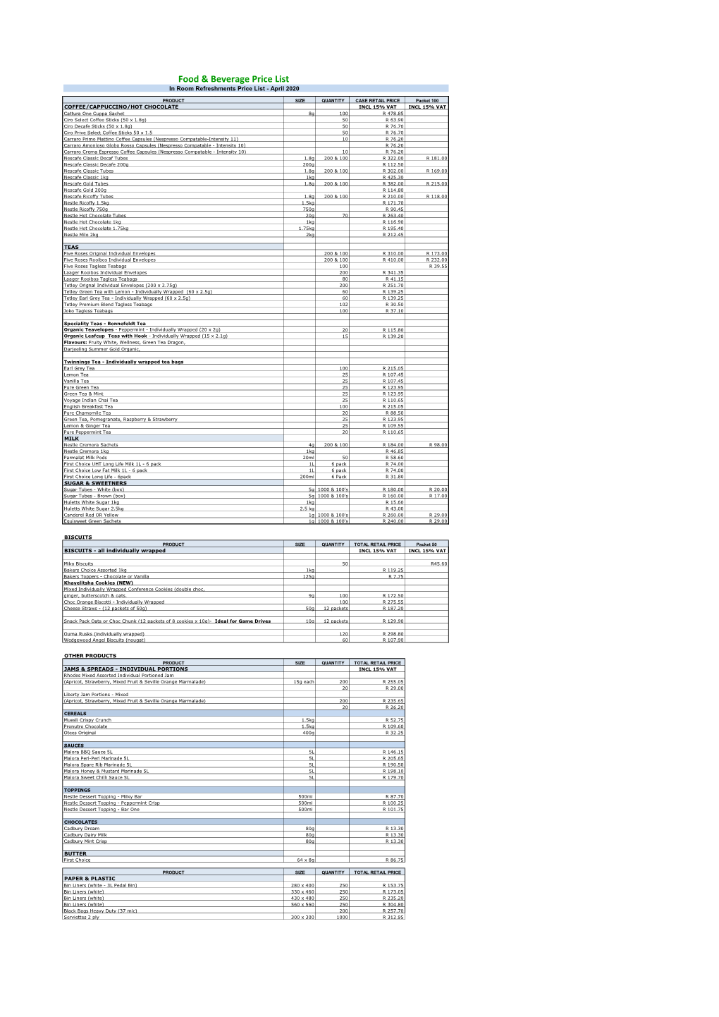 Food & Beverage Price List