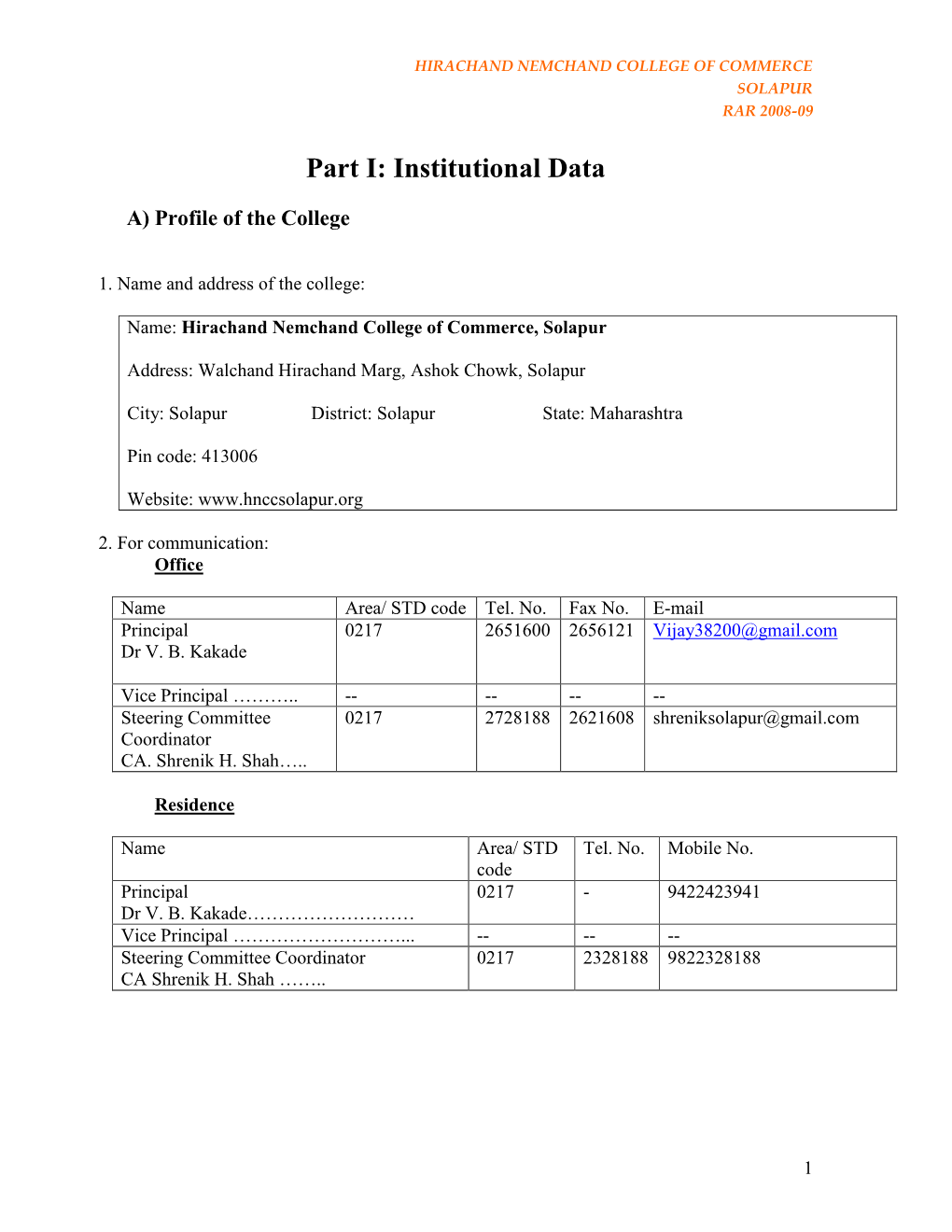 Hirachand Nemchand College of Commerce Solapur Rar 2008-09