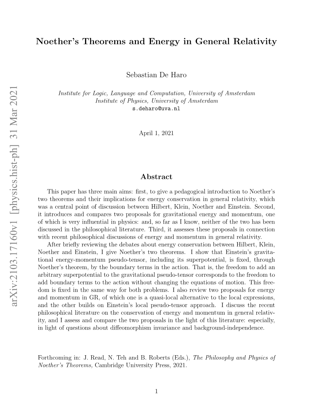 Noether's Theorems and Energy in General Relativity