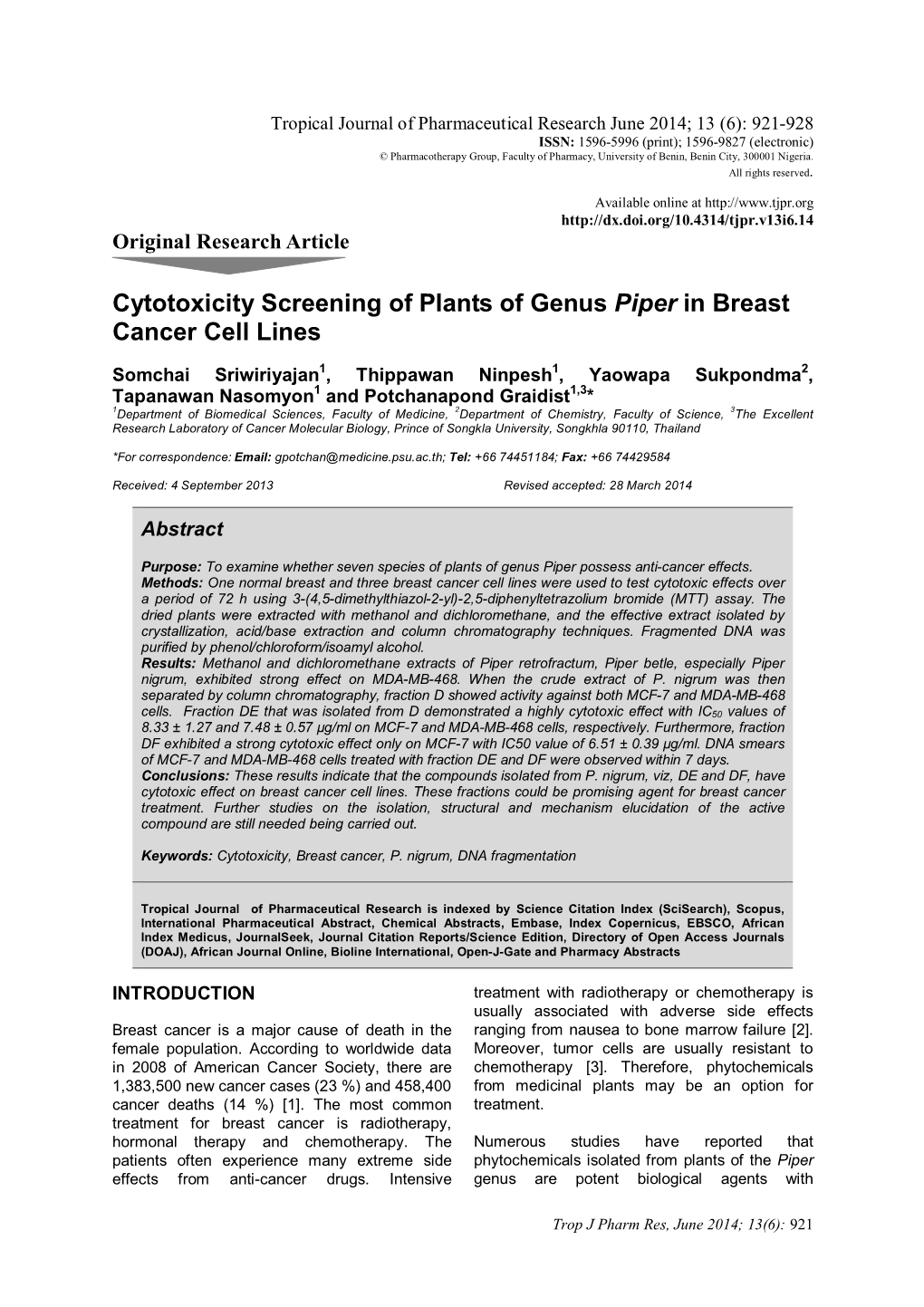 Cytotoxicity Screening of Plants of Genus Piper in Breast Cancer Cell Lines