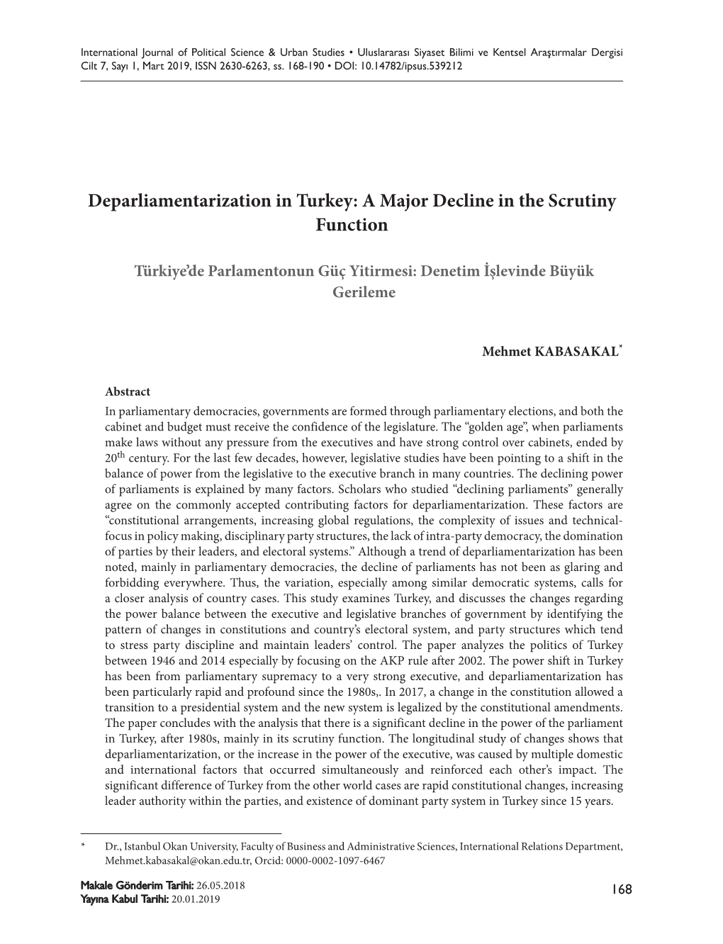 Deparliamentarization in Turkey: a Major Decline in the Scrutiny Function