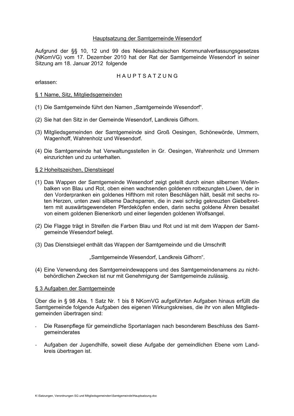 Hauptsatzung Der Samtgemeinde Wesendorf