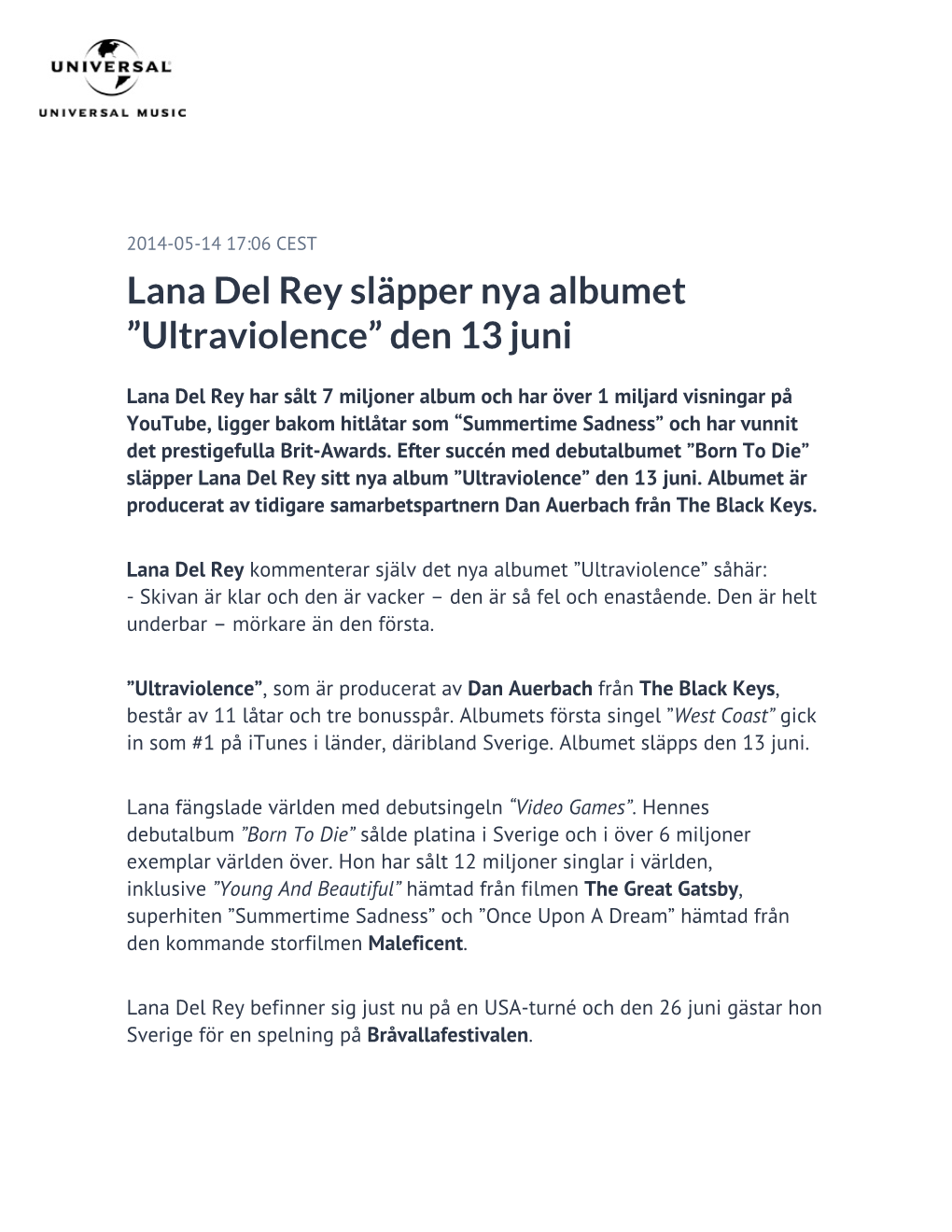 Lana Del Rey Släpper Nya Albumet ”Ultraviolence” Den 13 Juni