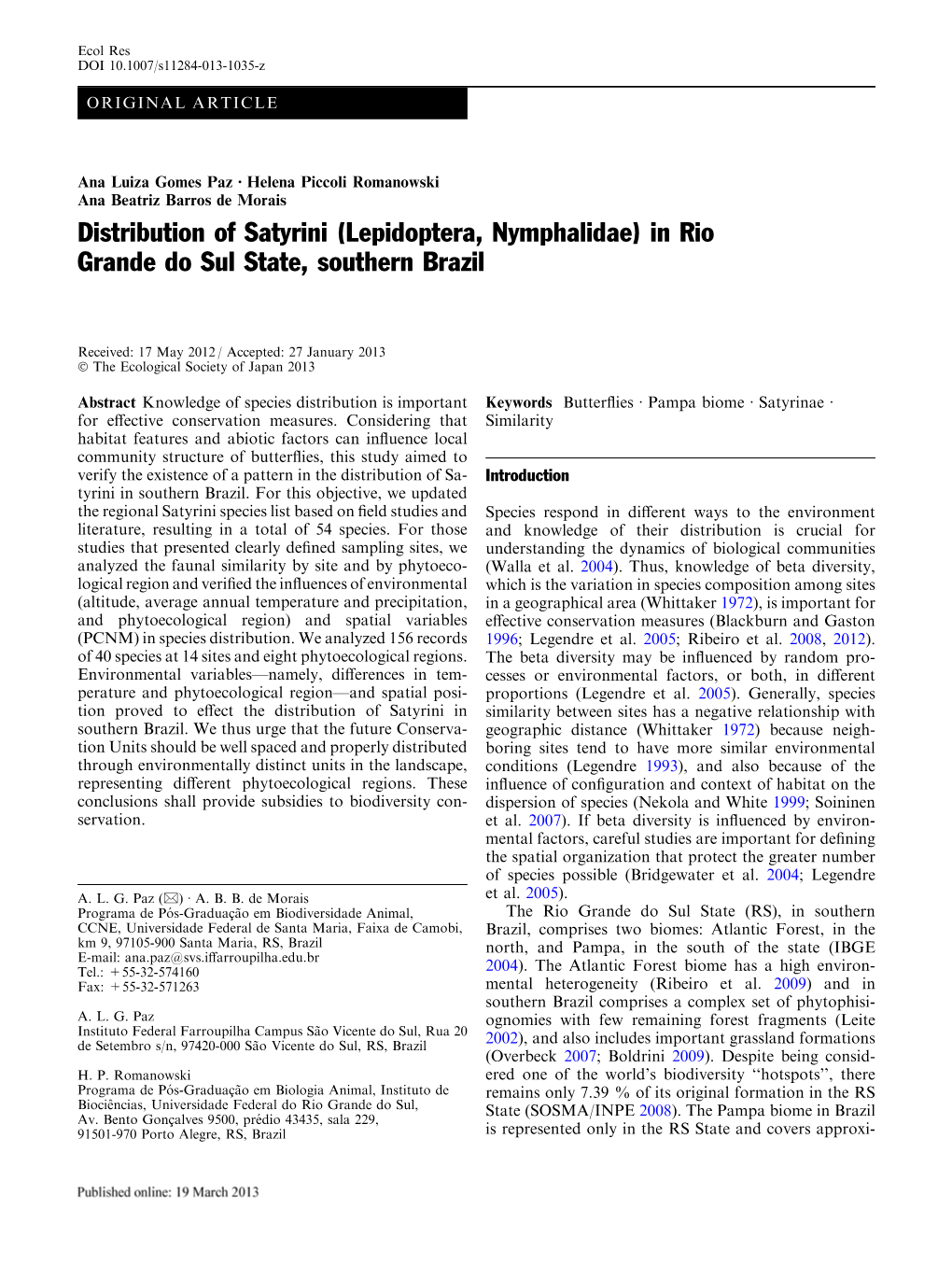 Distribution of Satyrini (Lepidoptera, Nymphalidae) in Rio Grande Do Sul State, Southern Brazil