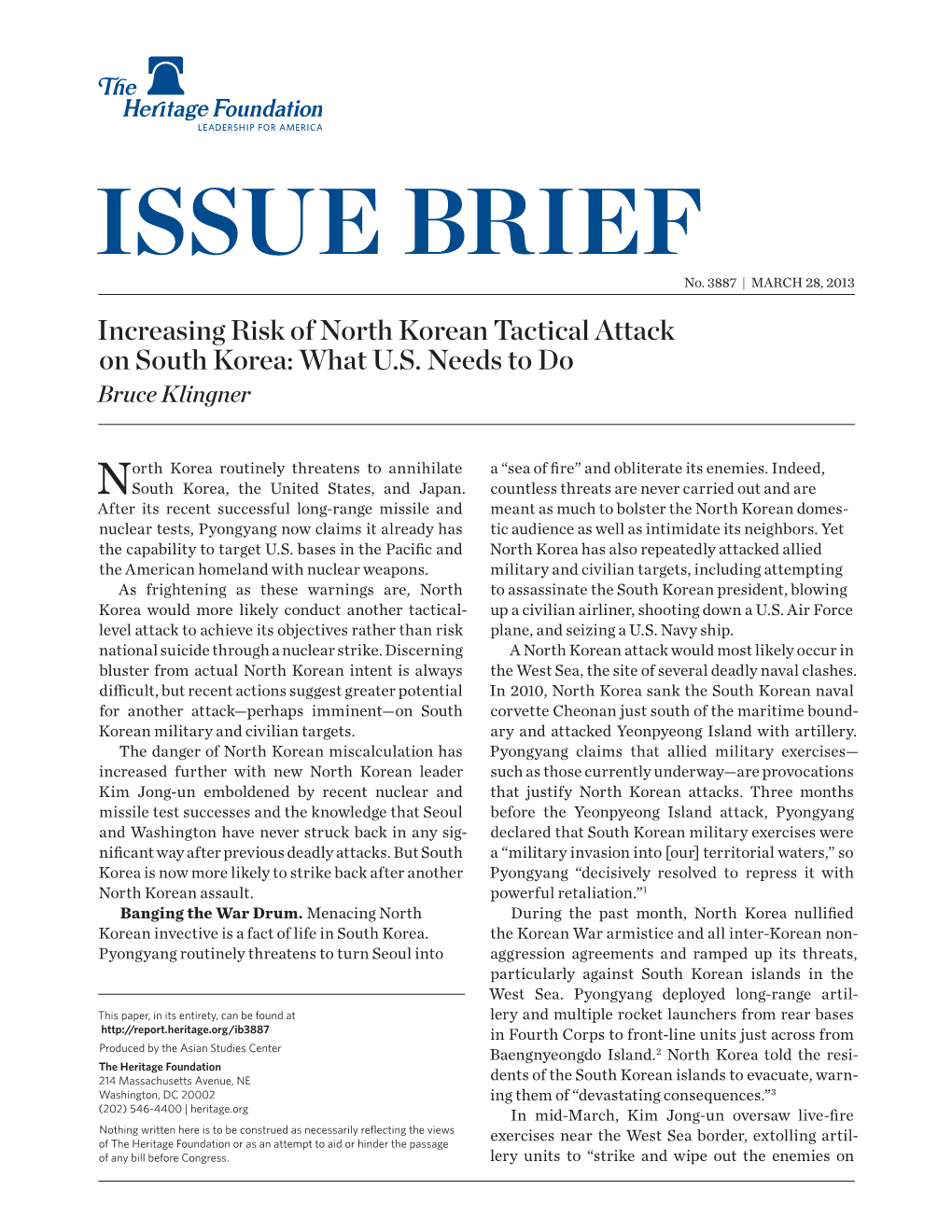 Increasing Risk of North Korean Tactical Attack on South Korea: What U.S