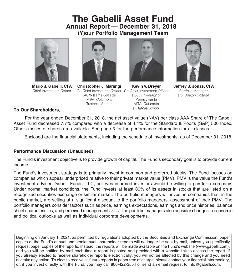 The Gabelli Asset Fund Annual Report — December 31, 2018 (Y)Our Portfolio Management Team