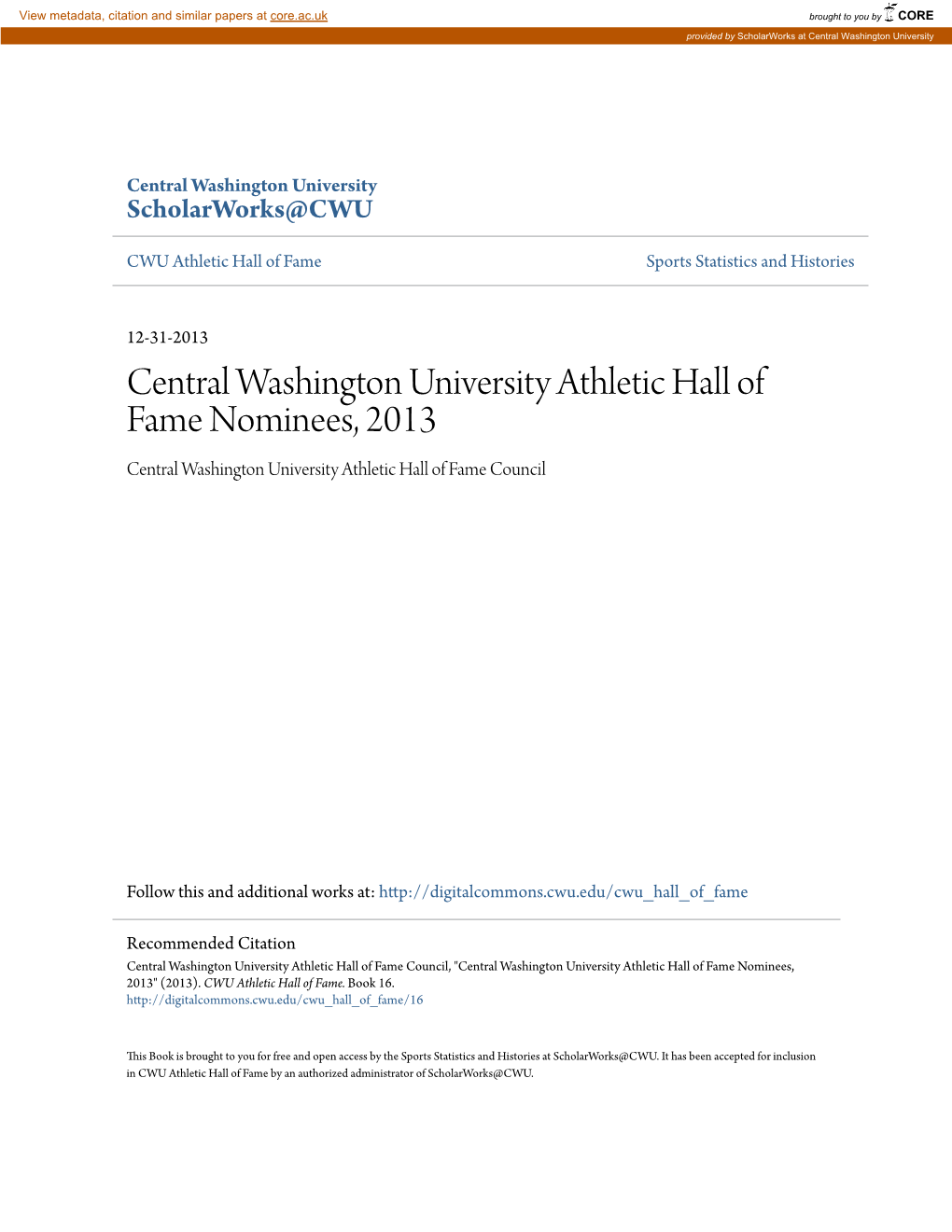 Central Washington University Athletic Hall of Fame Nominees, 2013 Central Washington University Athletic Hall of Fame Council