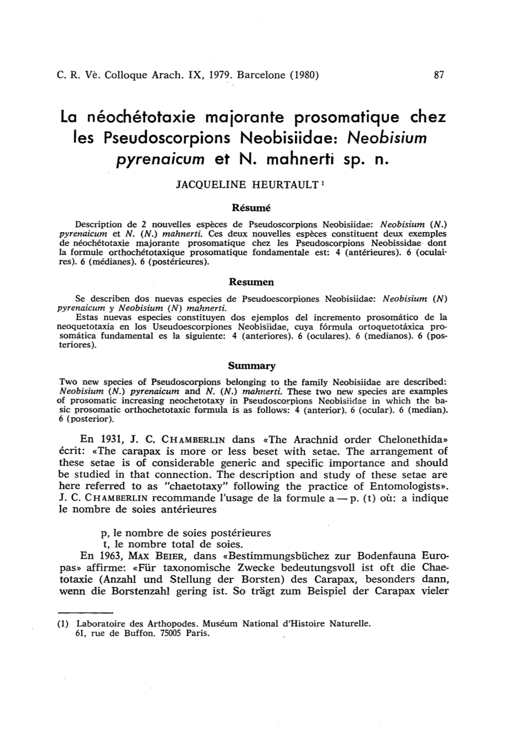Neobisium Pyreno/Cum Et N. Mahnerti Sp. N