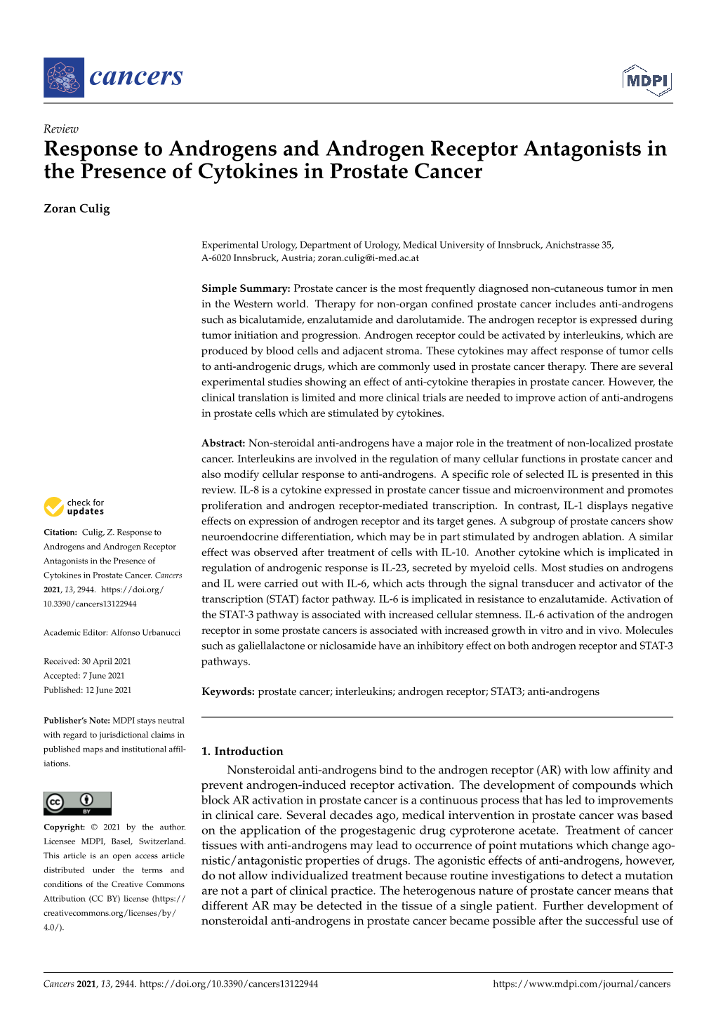 Response to Androgens and Androgen Receptor Antagonists in the Presence of Cytokines in Prostate Cancer