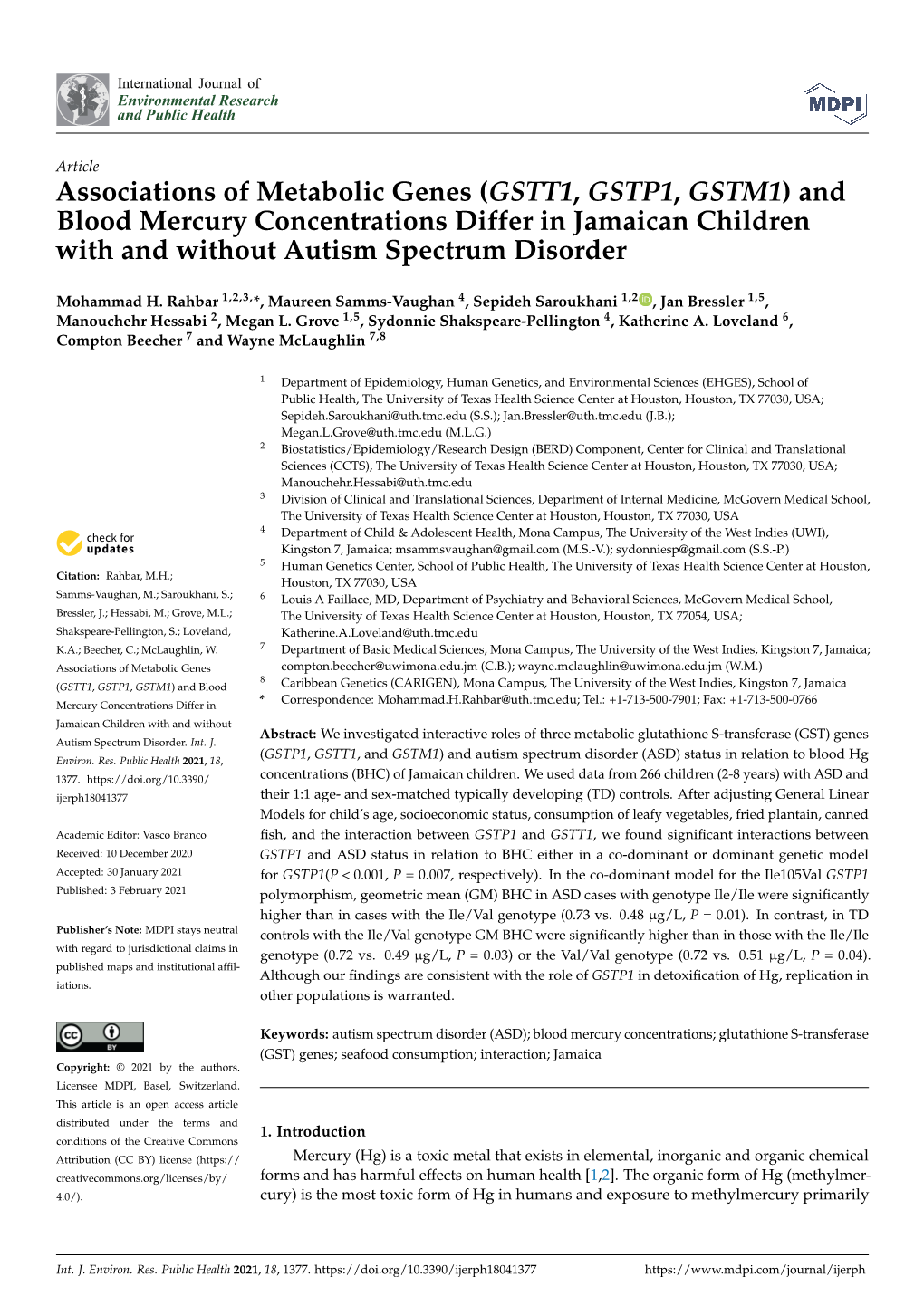 Associations of Metabolic Genes (GSTT1, GSTP1, GSTM1) and Blood Mercury Concentrations Differ in Jamaican Children with and Without Autism Spectrum Disorder