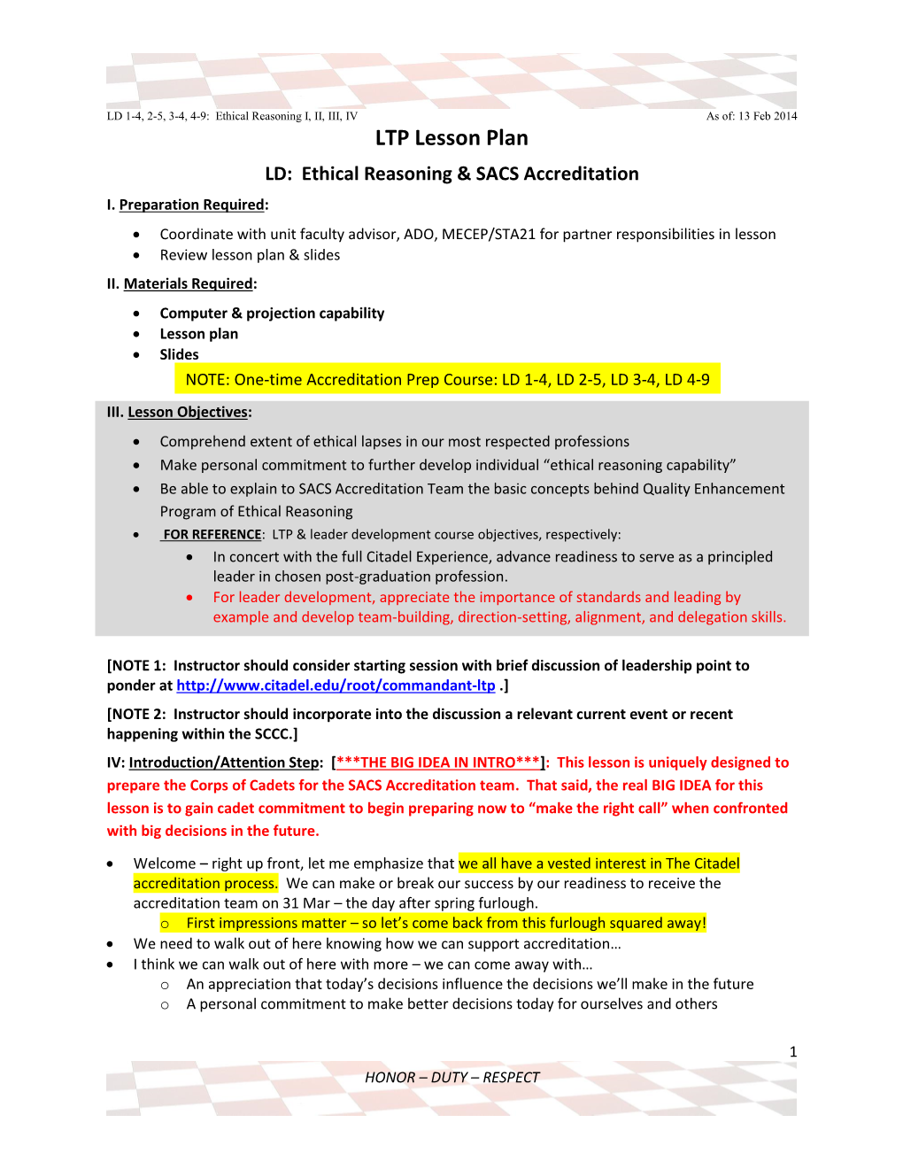 LTP Lesson Plan LD: Ethical Reasoning & SACS Accreditation I