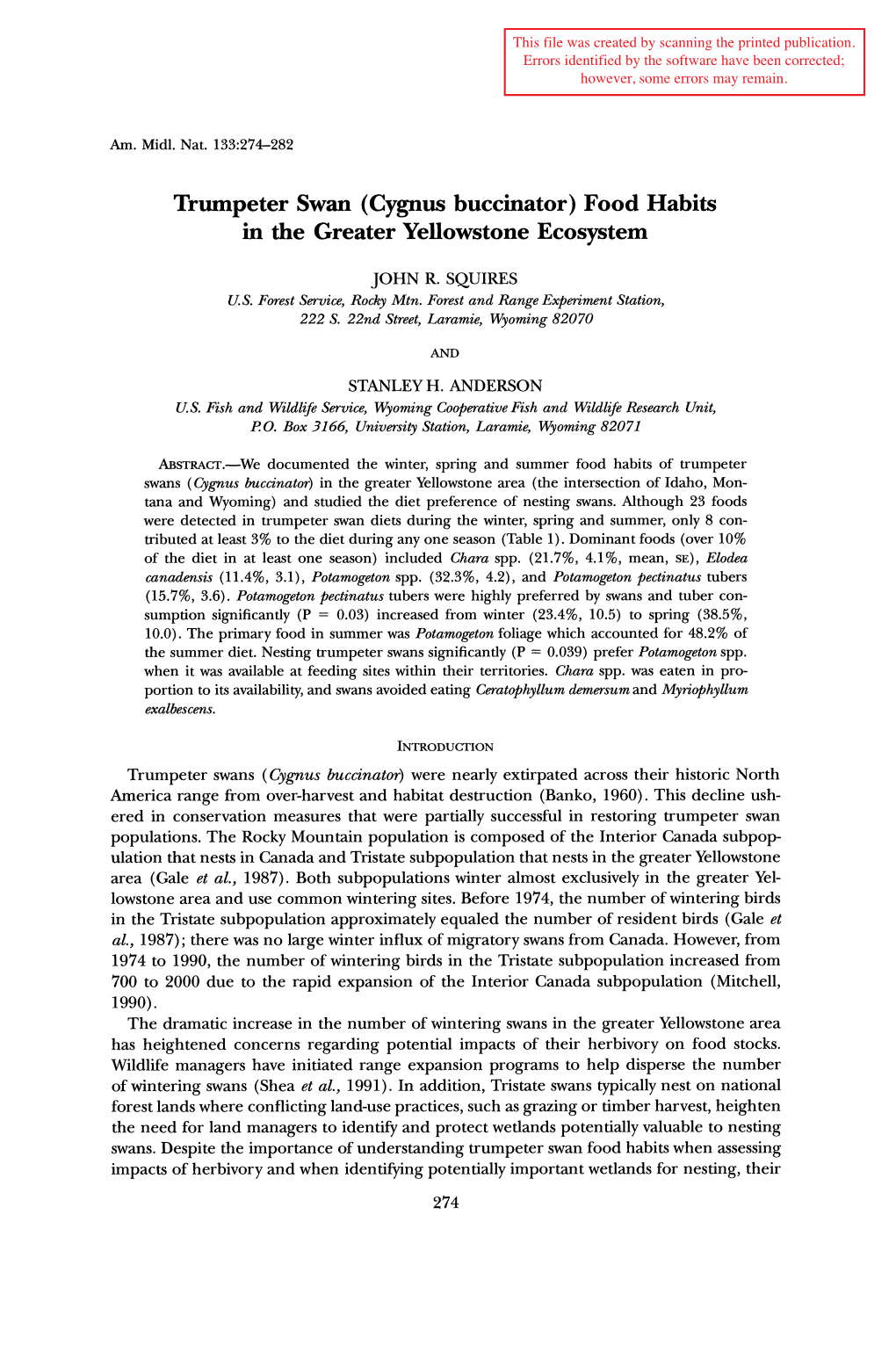 Trumpeter Swan Food Habitats in the Greater Yellowstone Ecosystem