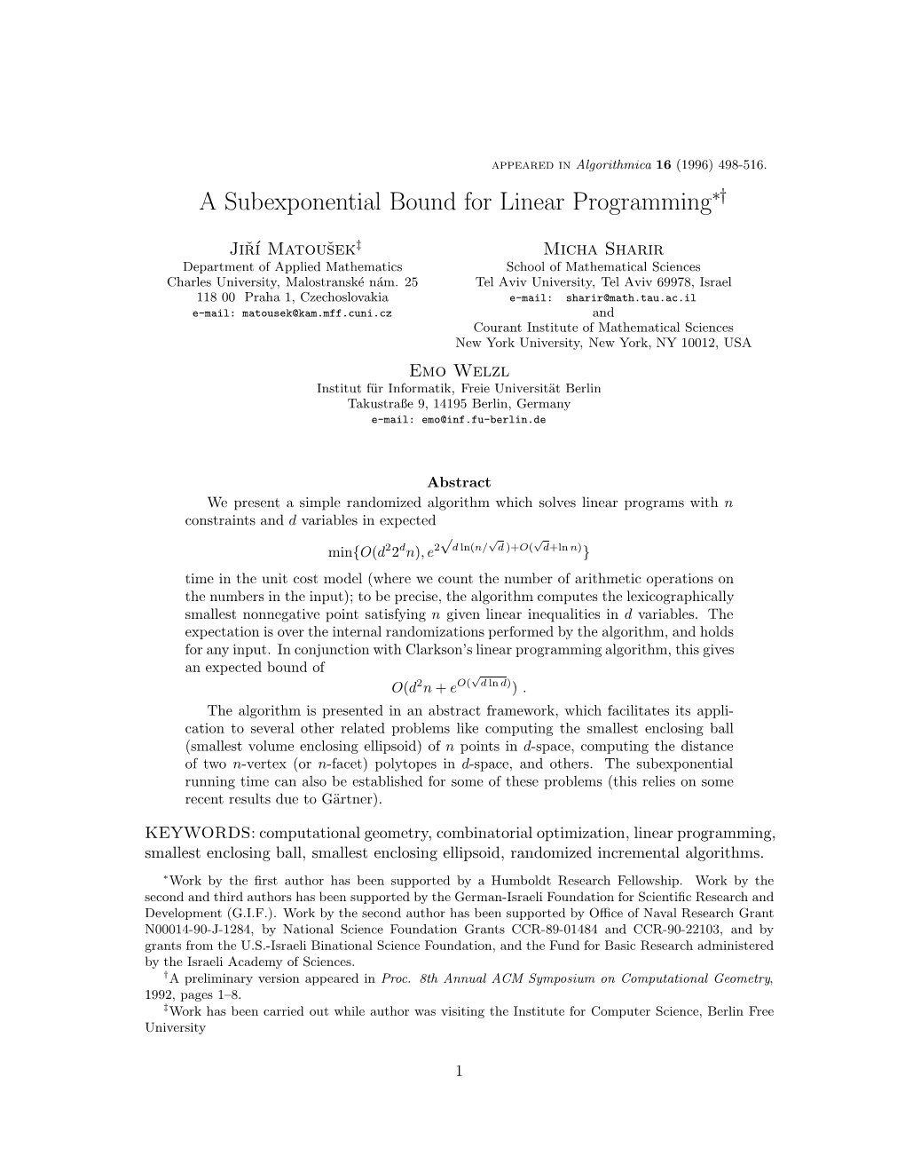 A Subexponential Bound for Linear Programming∗†